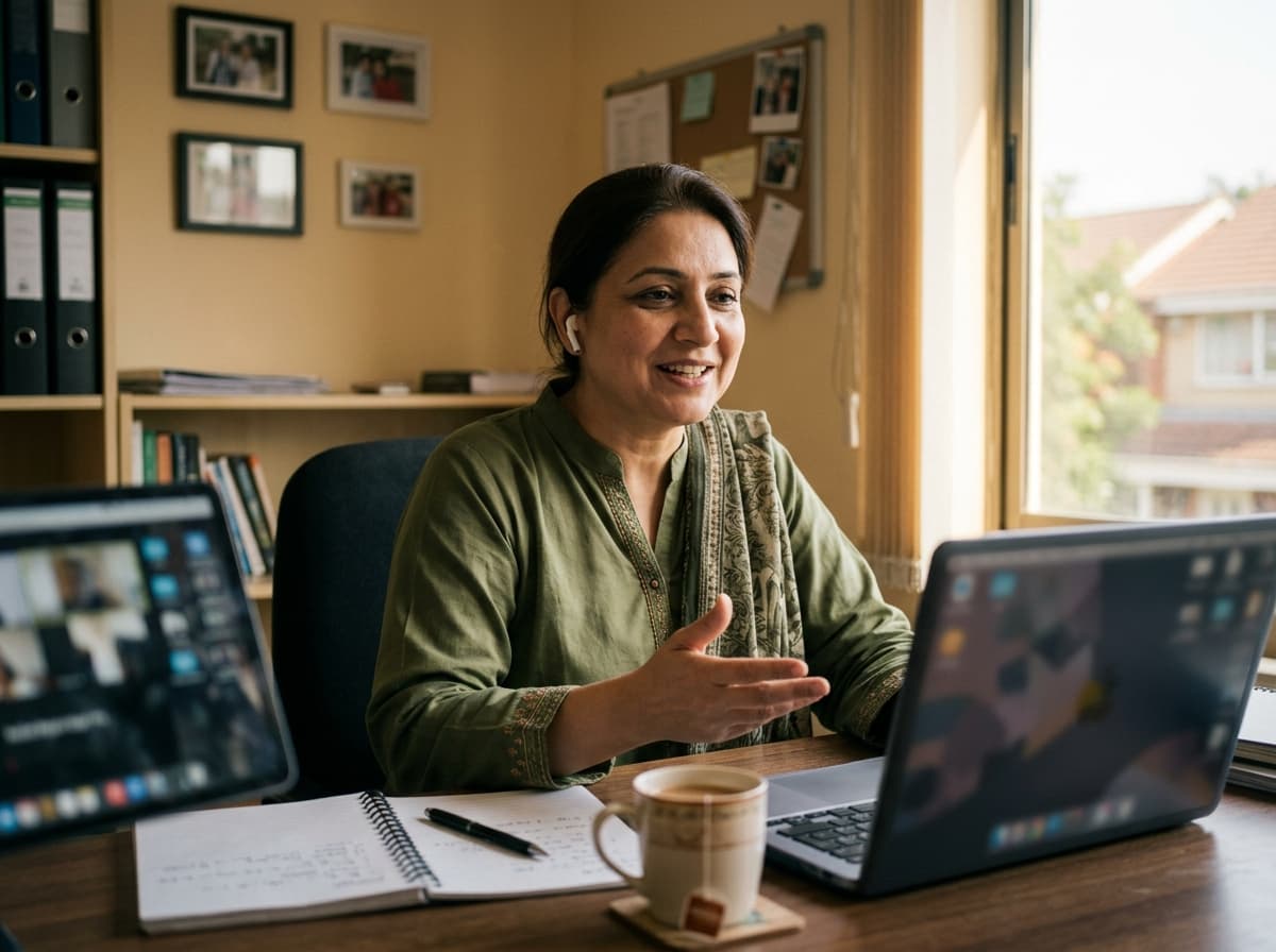 An agency owner talks on a video call at her desk