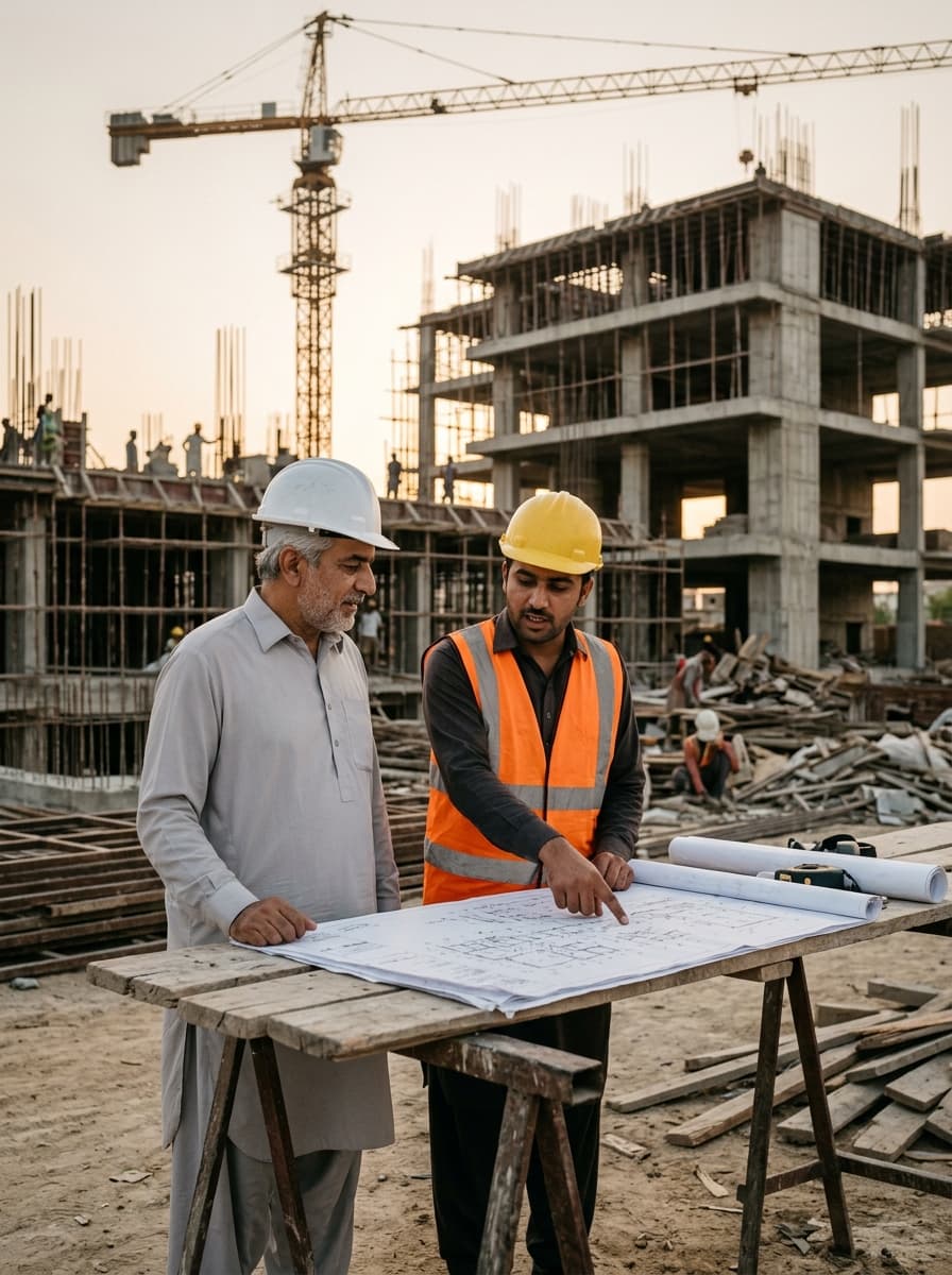 A developer and a site engineer go over building plans at a construction site
