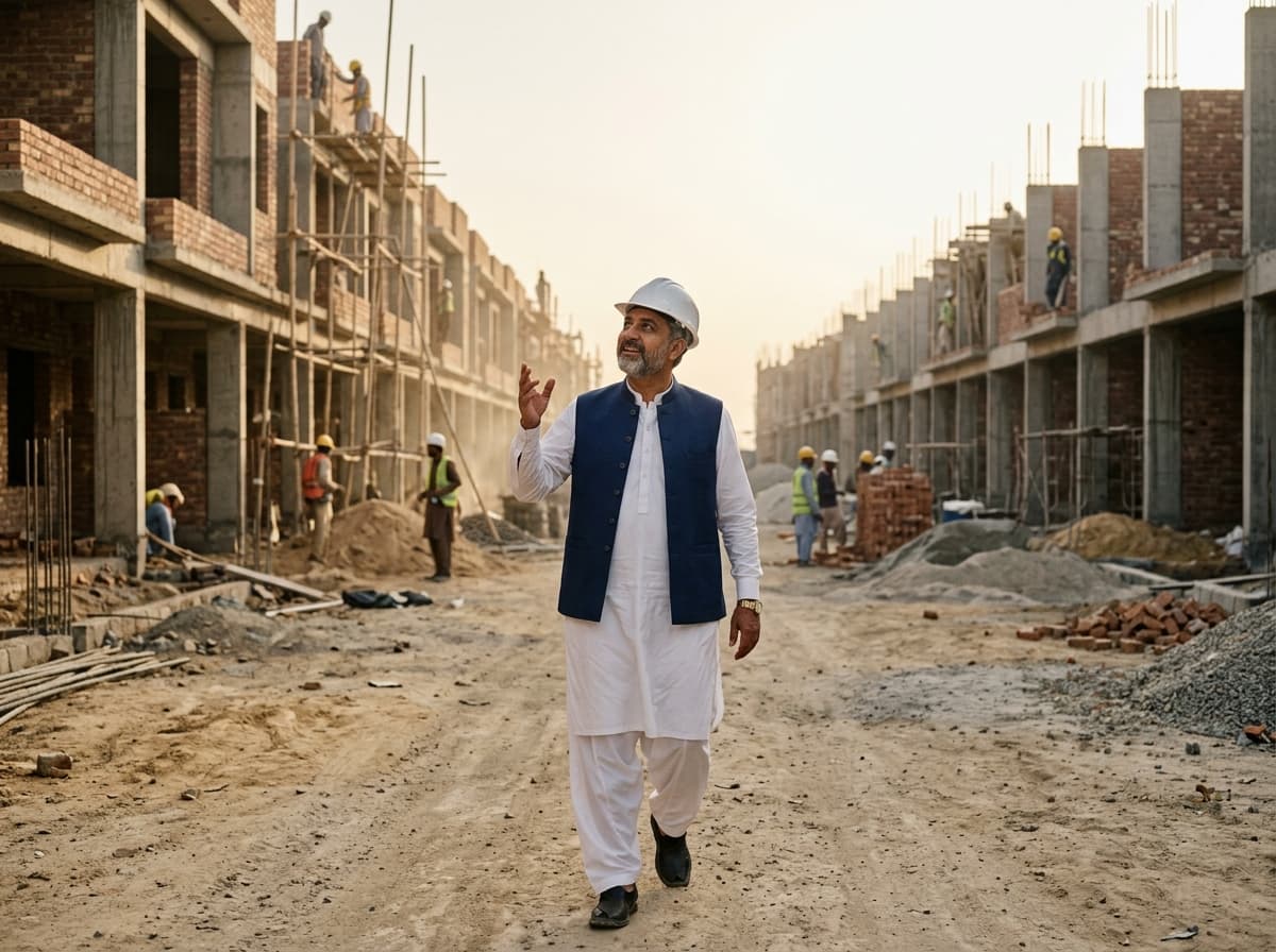 A developer in a hard hat walks through his housing project while it is being built