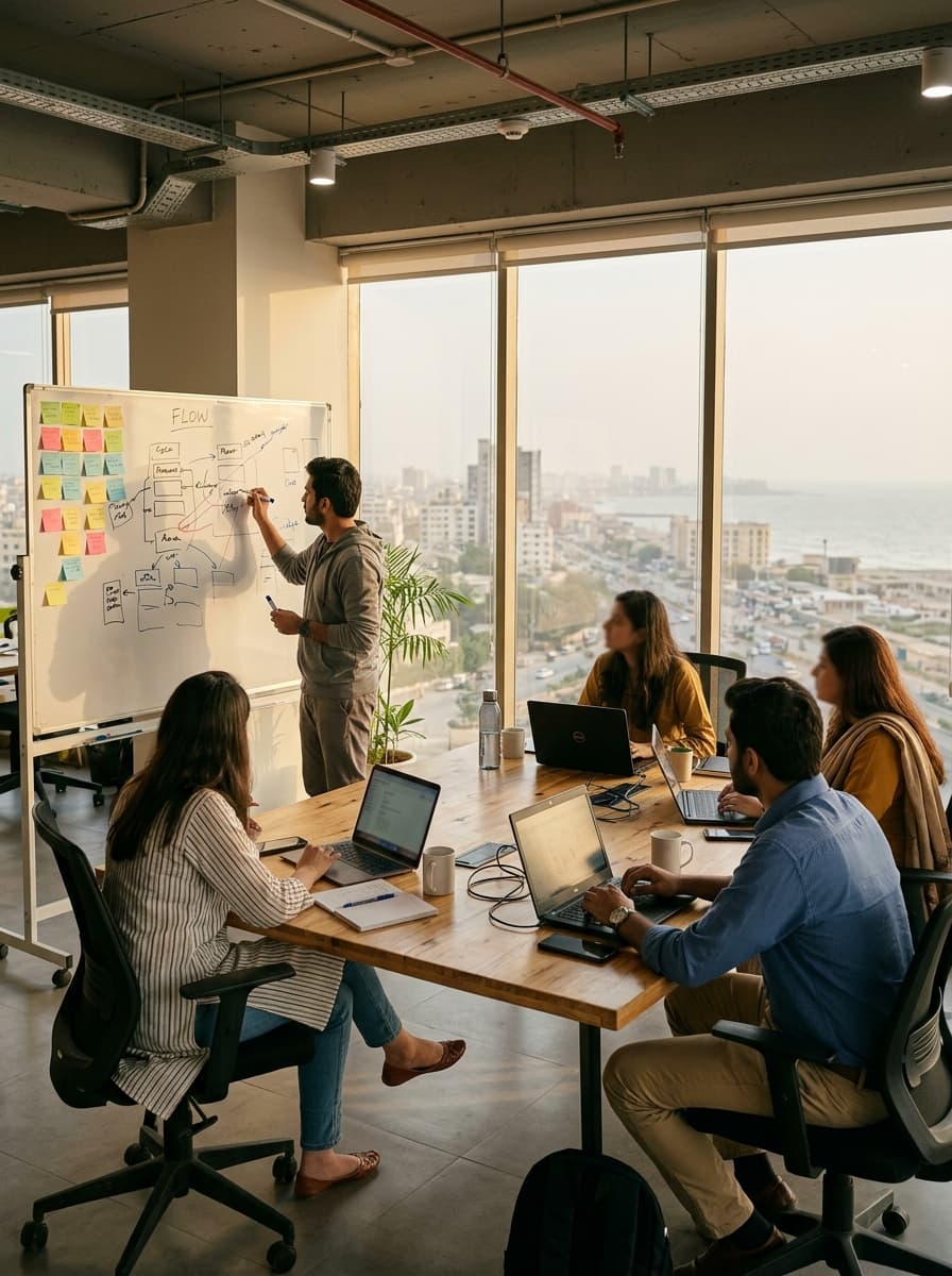 A team maps out a workflow on a whiteboard in an office overlooking the sea