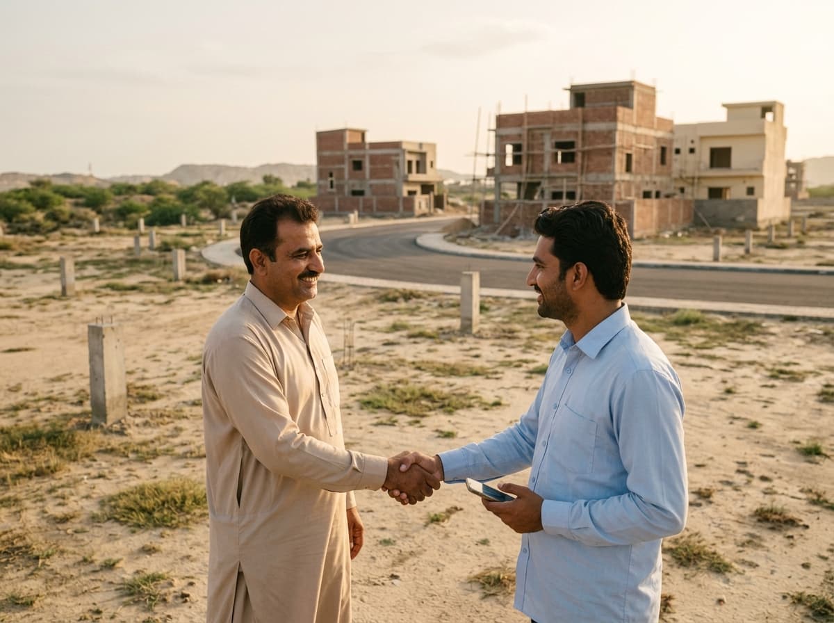 An agent and a buyer shake hands on an empty plot