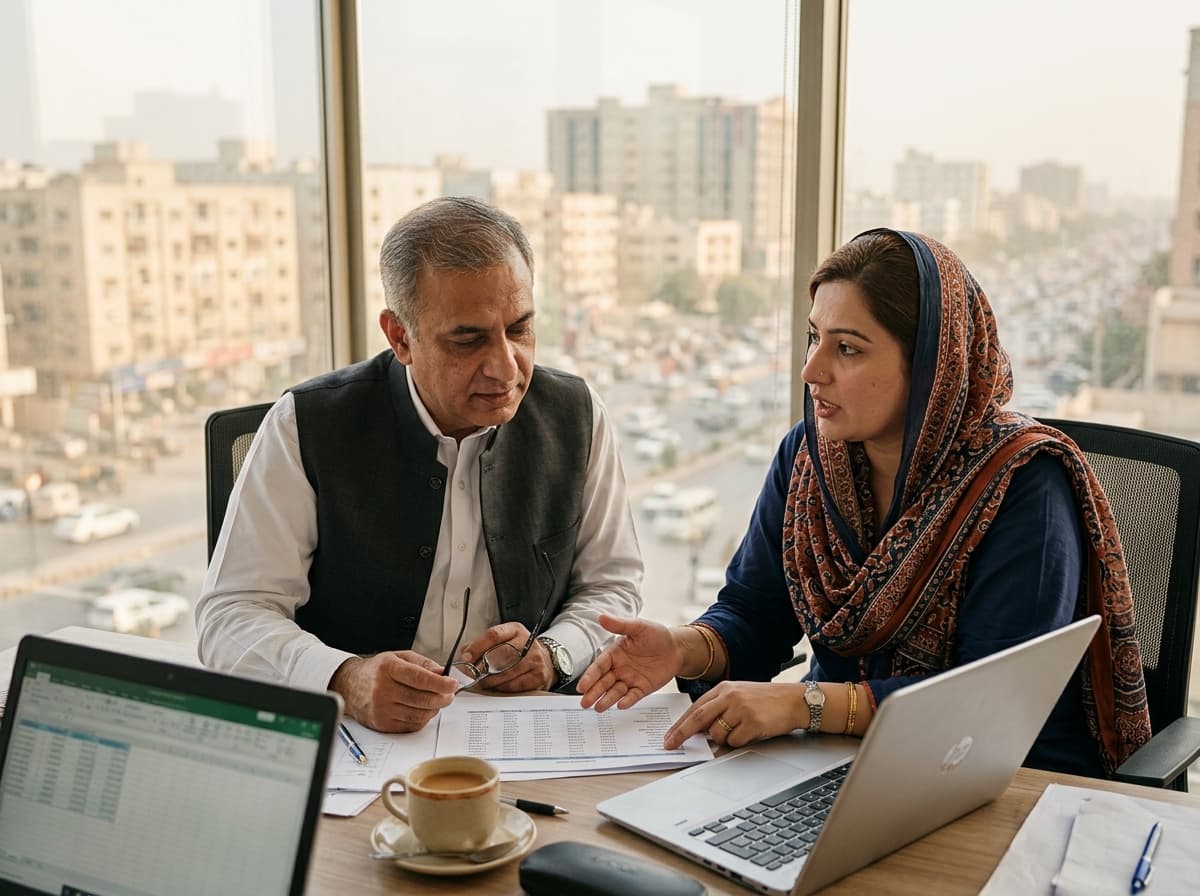 An agency owner and his office manager go over the month's figures